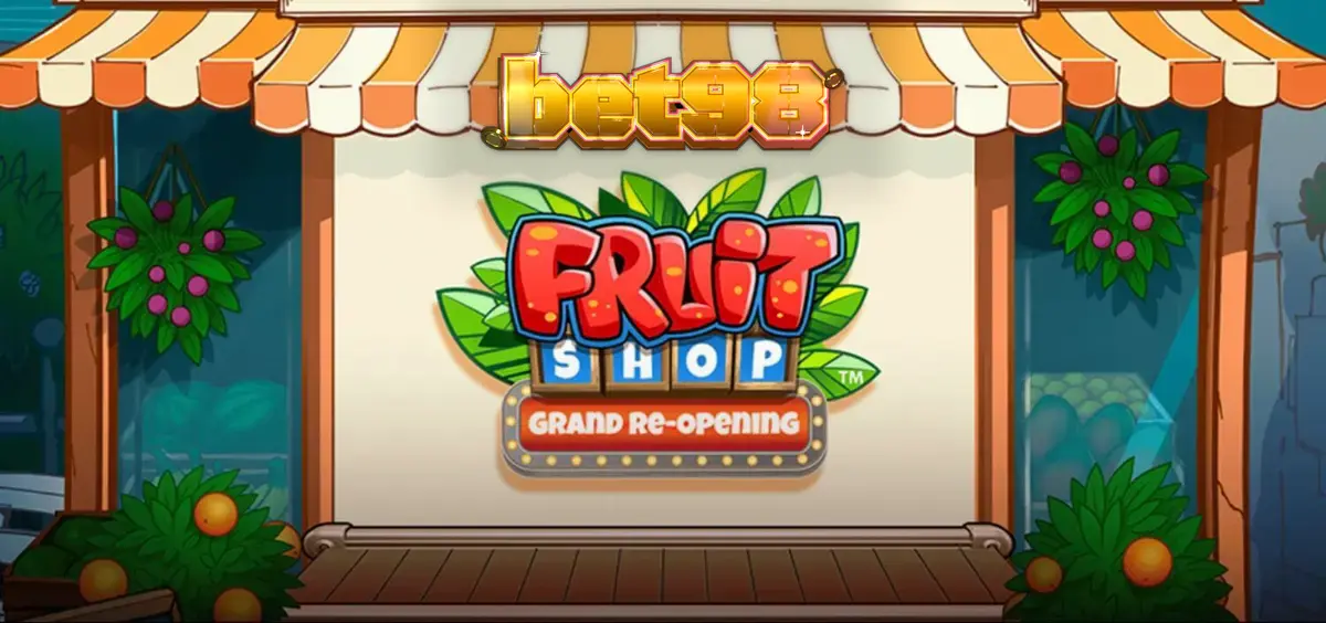 Interface colorida e vibrante do slot Fruit Shop Grand Re-Opening com frutas frescas e elementos de mercado